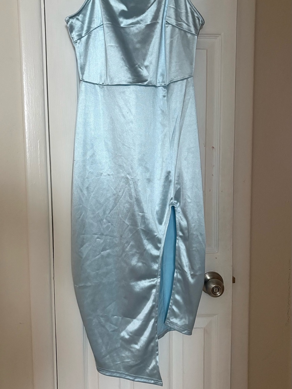 Asymmetrical Satin Slip Dress in Light Blue